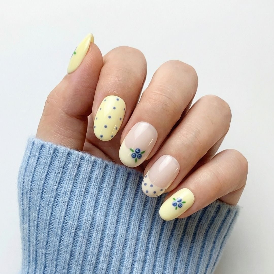Yellow with Blue Dots Oval Nails — Dots Nail Designs