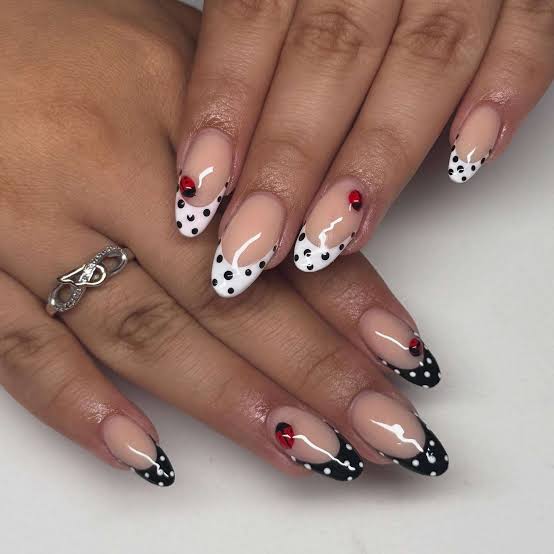 French Tip Almond Nails with Red Dot Accent — Dots Nail Designs