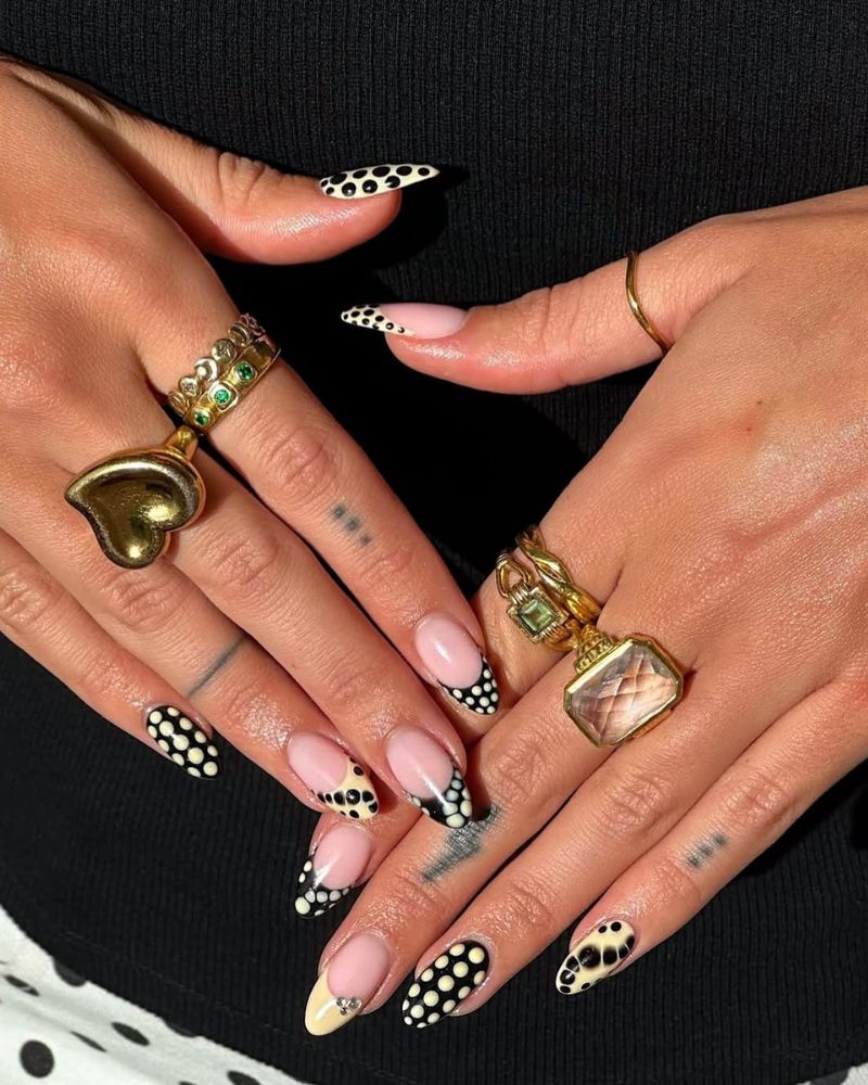 Black and White Polka Dots on Almond Nails — Dots Nail Designs