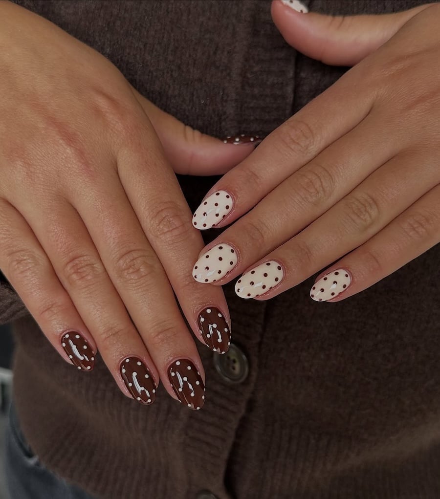 Chocolate and Cream Polka Dot Almond Nails — Dots Nail Designs