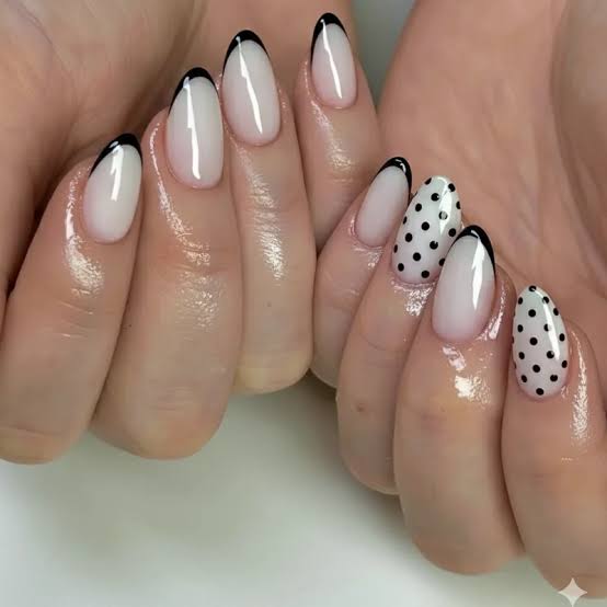 French Tips Mixed with Black Dots Almond Nails, Glossy — Dots Nail Designs