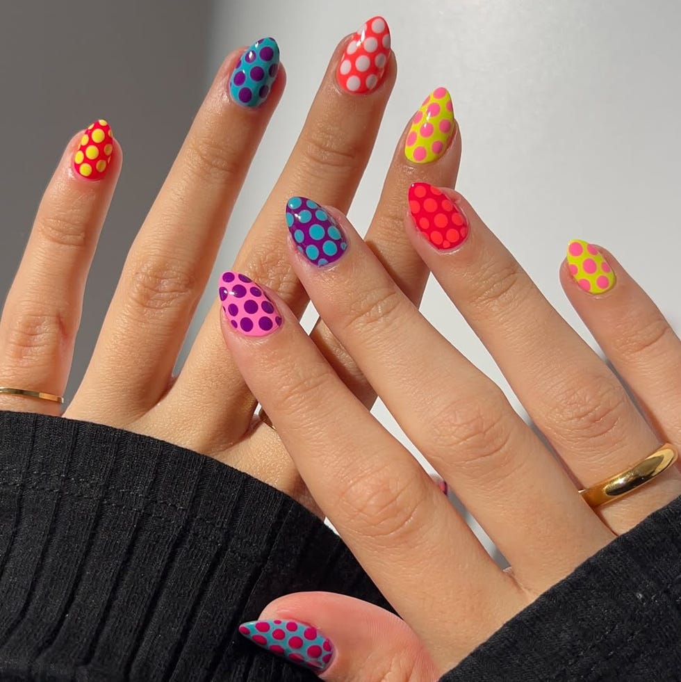 Vibrant Neon Polka Dot Almond Nails — Dots Nail Designs