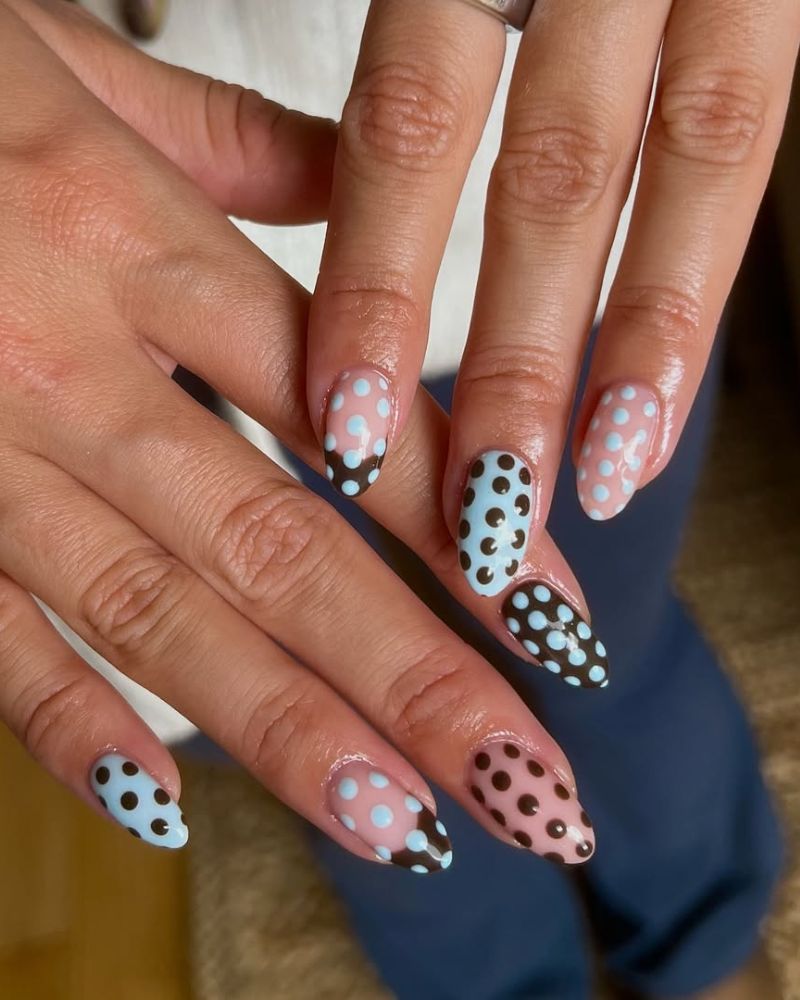 Pink and Black Polka Dot Almond Nails — Dots Nail Designs