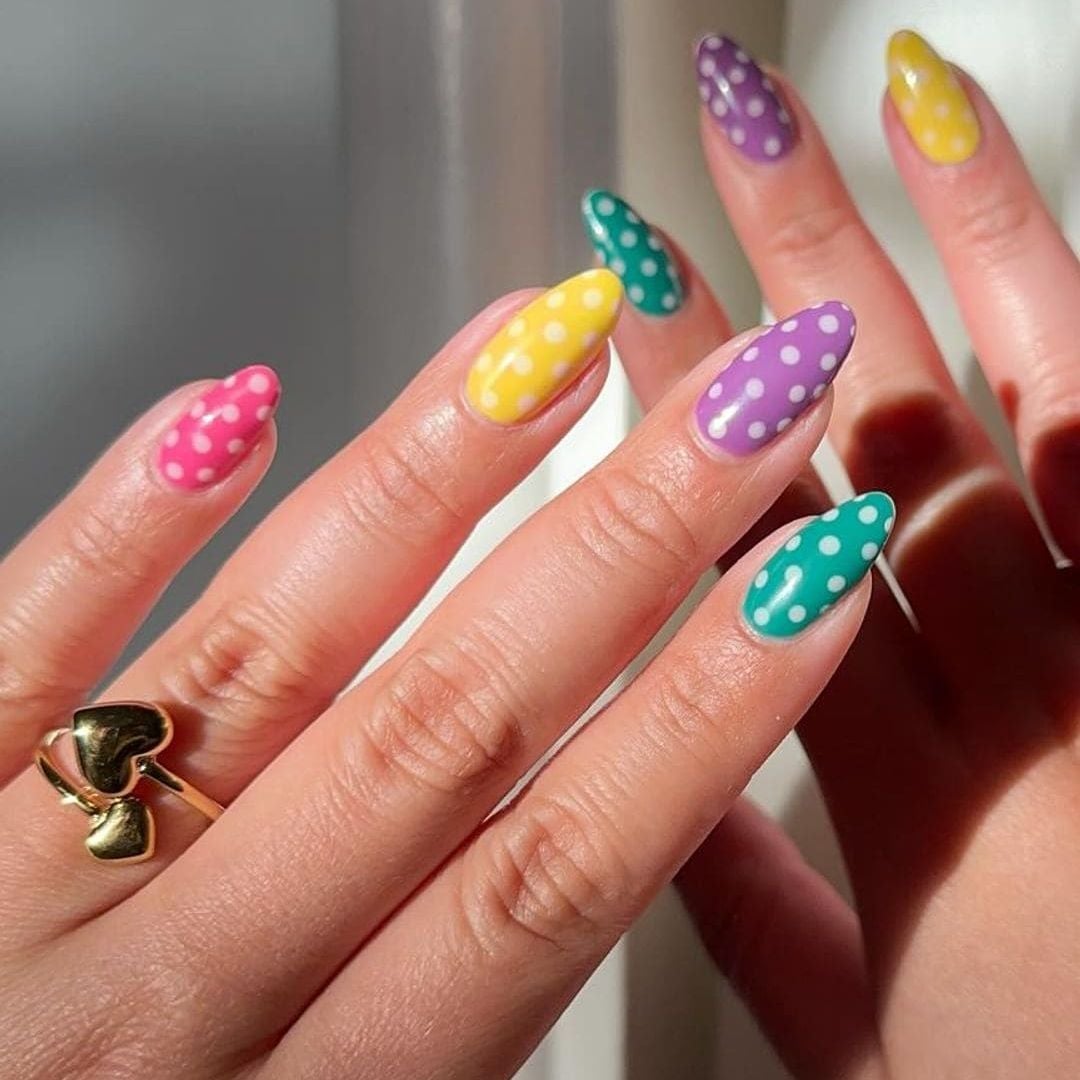 Bold Color Pairings with Dot Accents Almond Nails — Dots Nail Designs