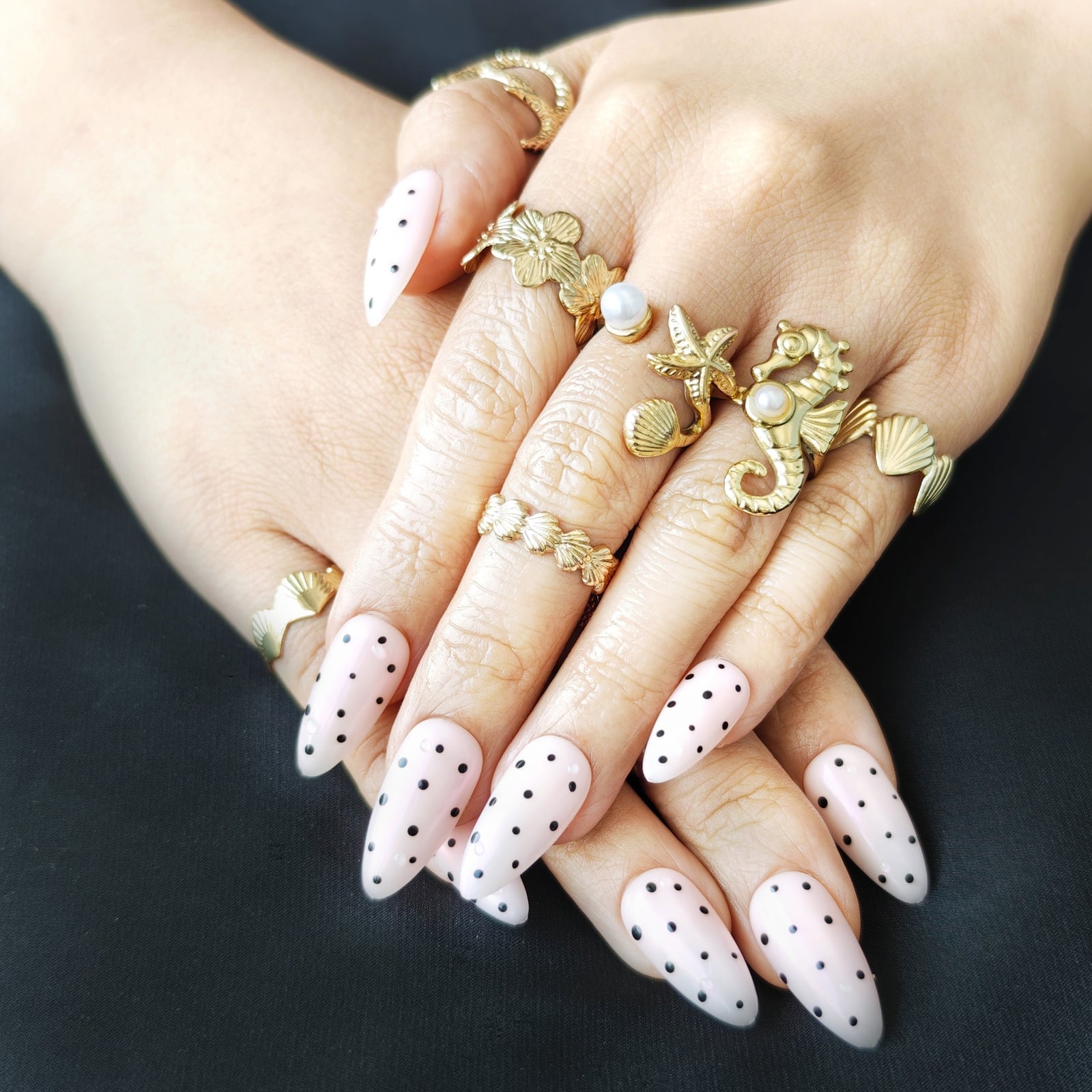 Pale Pink with Black Dot Long Almond Nails — Dots Nail Designs