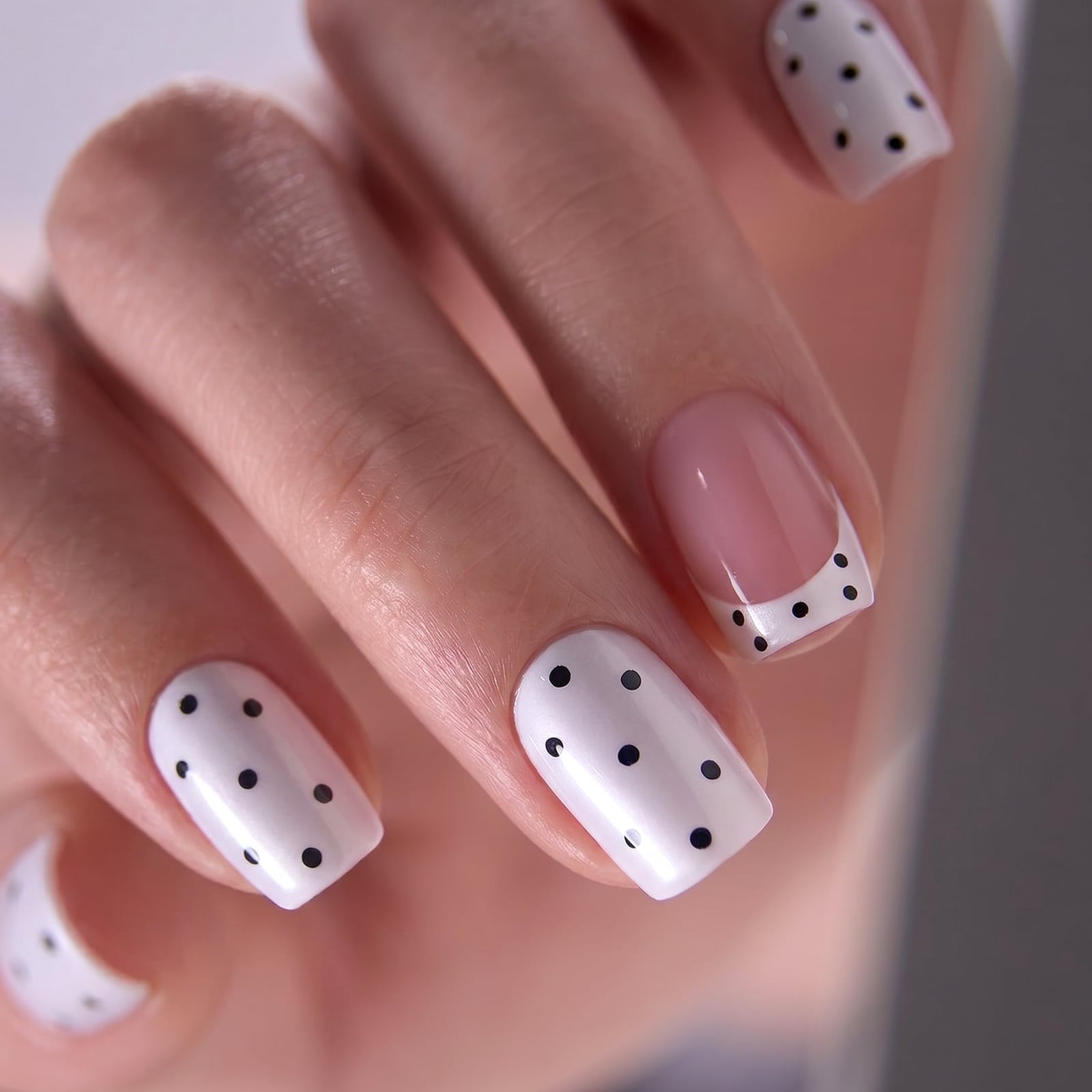 Short Square Nails with Black Dot Accents — Dots Nail Designs