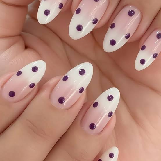 Gradient Pink to White Almond Nails with Purple Dots — Dots Nail Designs