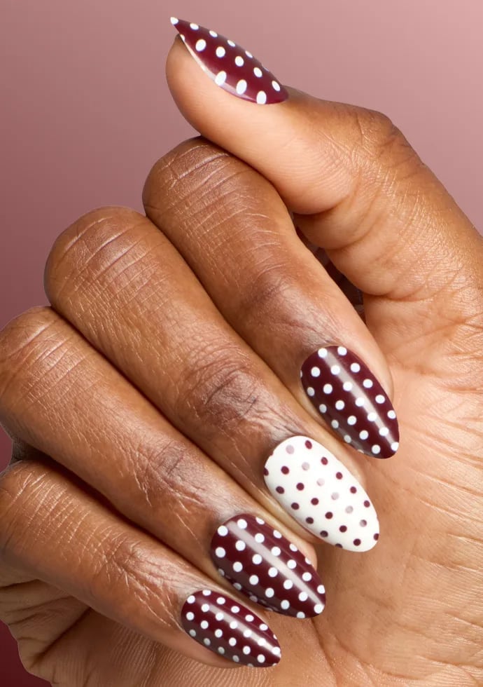 Deep Burgundy or White with White Dots Almond Nails — Dots Nail Designs