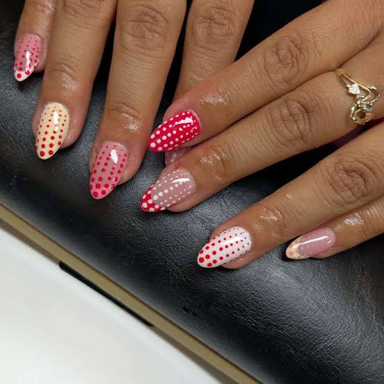 Sheer Pink with Red and Yellow Dot Almond Nails — Dots Nail Designs