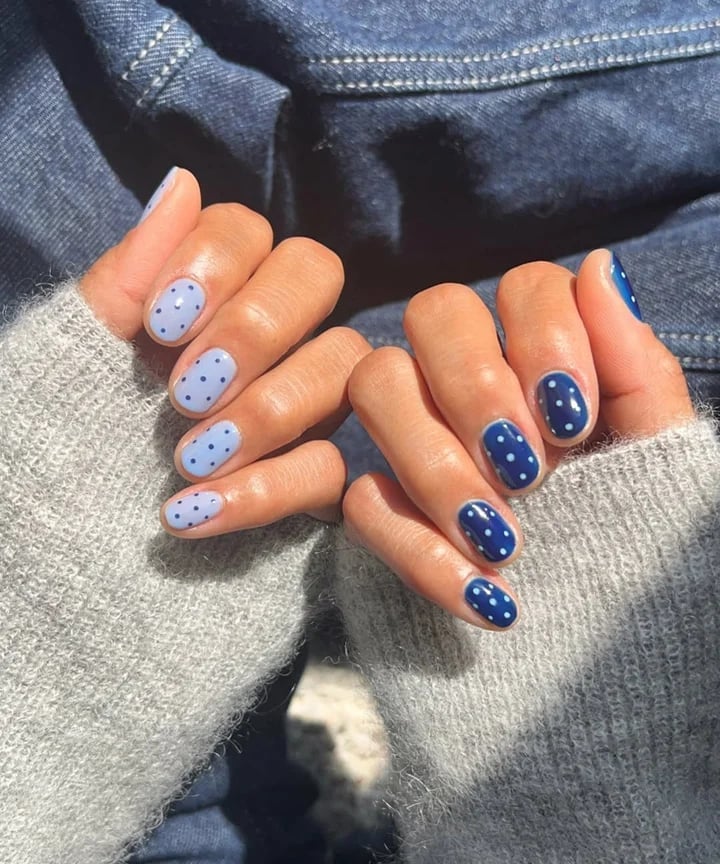 Blue and White Polka Dot Short Square Nails — Dots Nail Designs