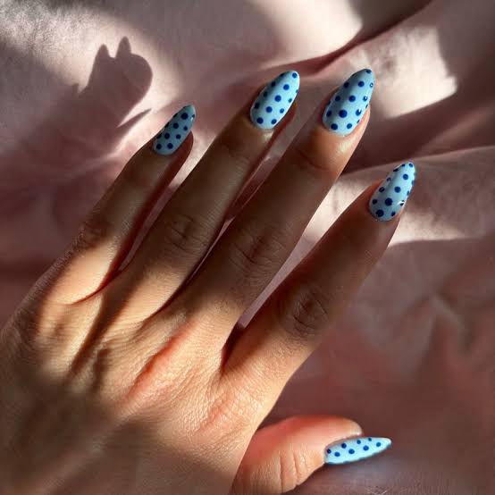 Light Blue with Darker Blue Dot Almond Nails — Dots Nail Designs