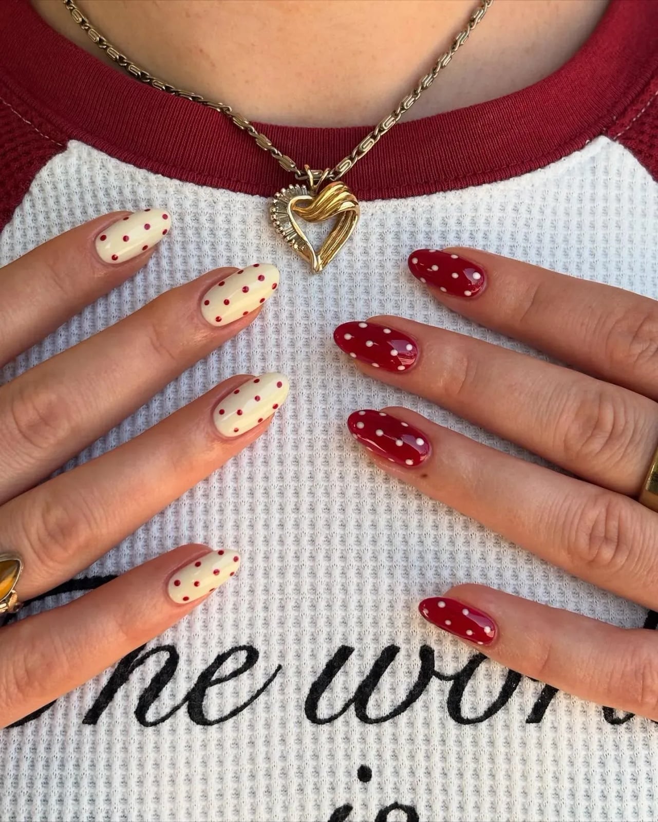 Cream and Red Contrasting Dot Almond Nails — Dots Nail Designs