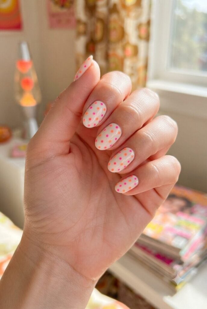White with Pink and Orange Dot Oval Nails — Dots Nail Designs