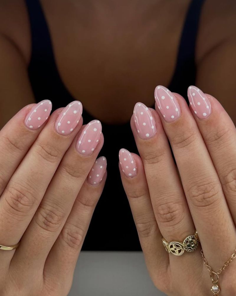Sheer Pink with White Dot Almond Nails — Dots Nail Designs