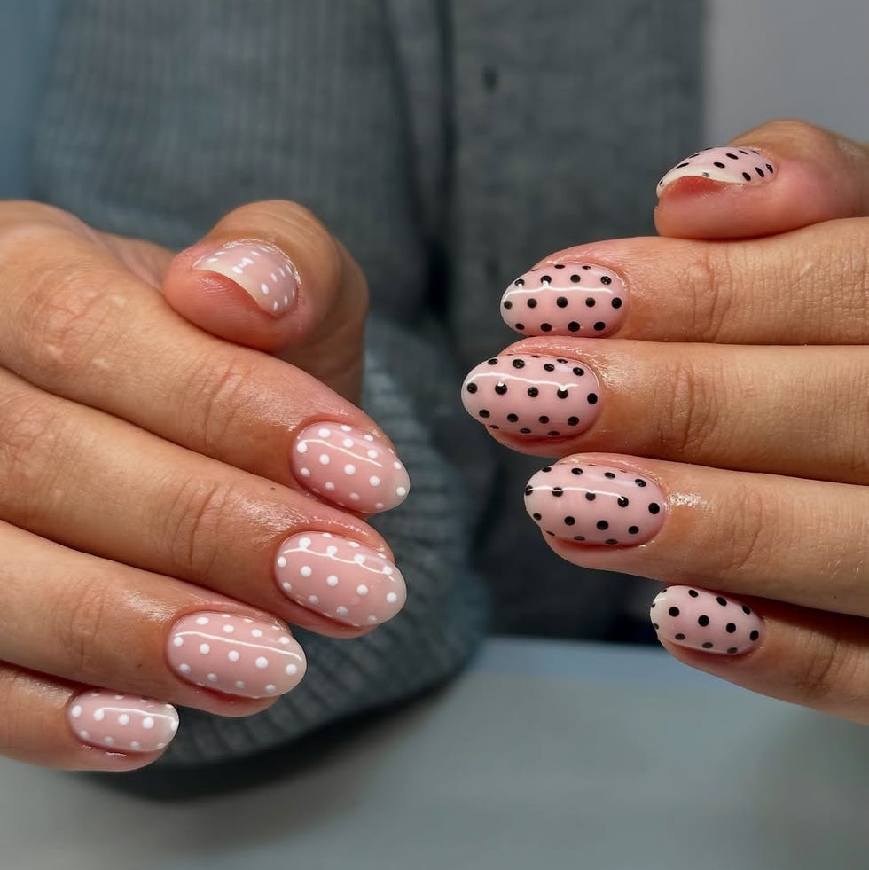Light Pink and Black Dot Oval Nails — Dots Nail Designs