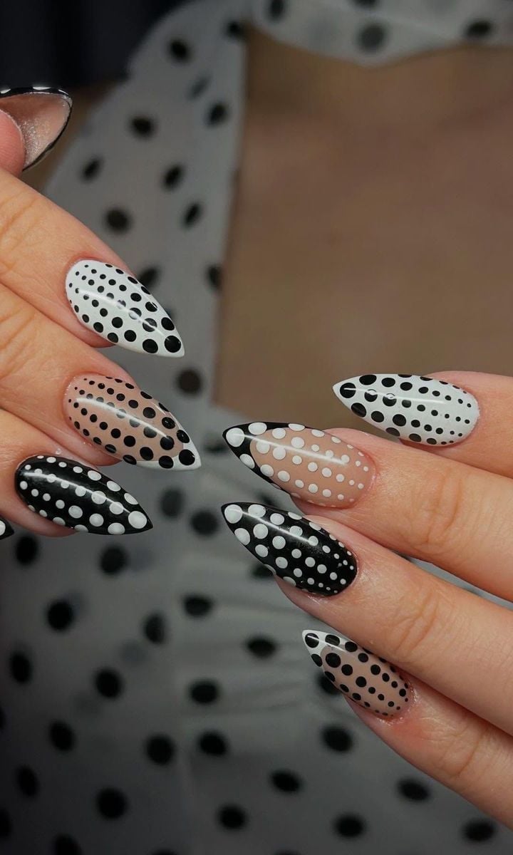 Graphic Contrast Dot Almond Nails — Dots Nail Designs