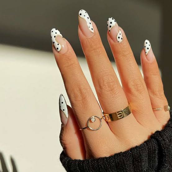 Black Dots on French Tips Long Almond Nails — Dots Nail Designs