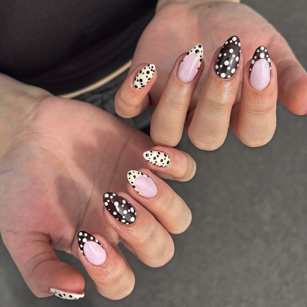 White Dots on Dark Brown Almond Nails — Dots Nail Designs
