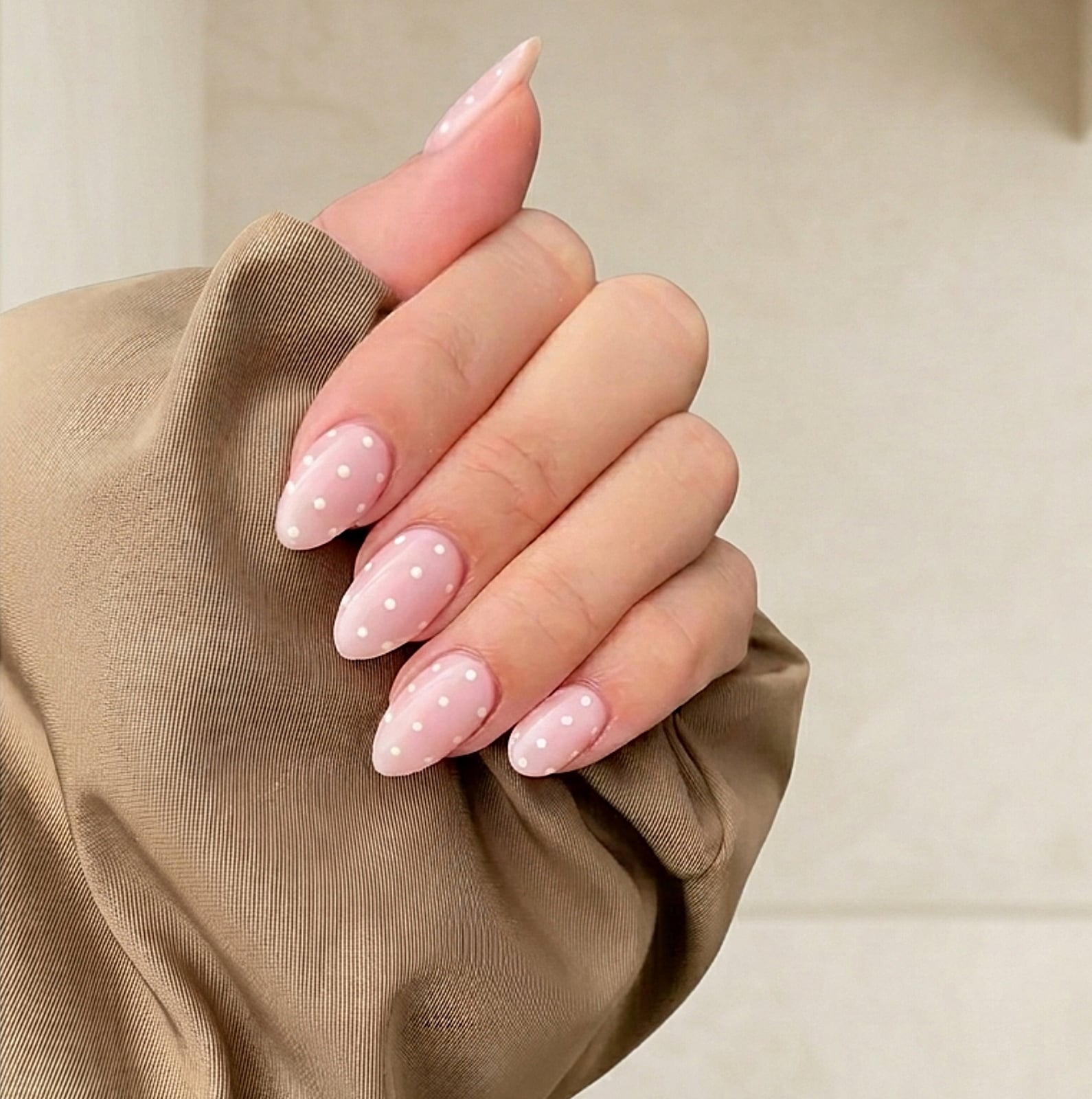 Milky Pink with White Polka Dot Almond Nails — Dots Nail Designs