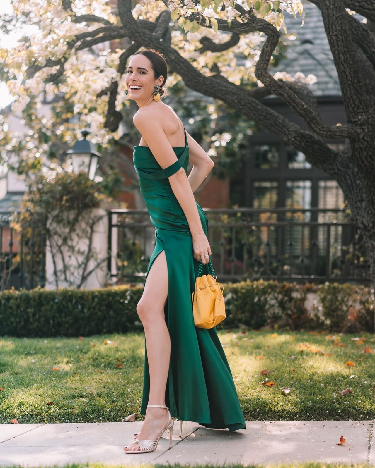 Emerald green satin slip dress with high slit — Dress for Wedding Guest