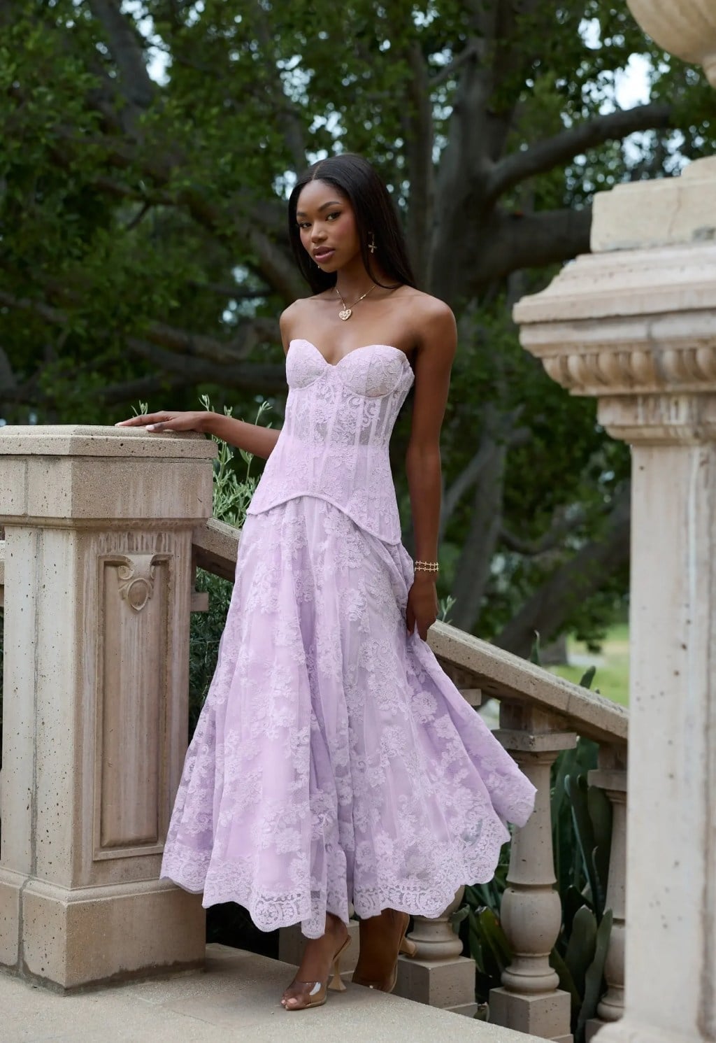 Lilac lace maxi dress with sweetheart neckline — Dress for Wedding Guest