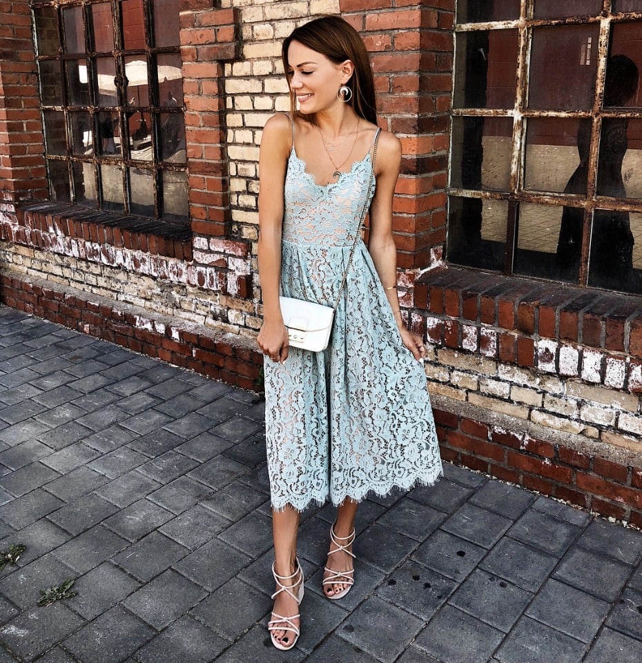 Pale blue lace fit-and-flare midi dress — Dress for Wedding Guest