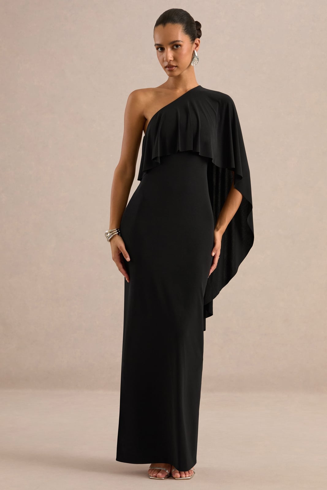 Black one-shoulder maxi dress with chiffon ruffle — Dress for Wedding Guest