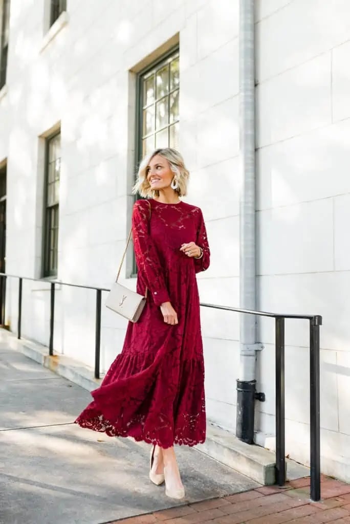 Deep red lace a-line maxi dress — Dress for Wedding Guest