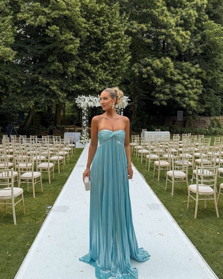 Light blue metallic pleated strapless dress — Dress for Wedding Guest