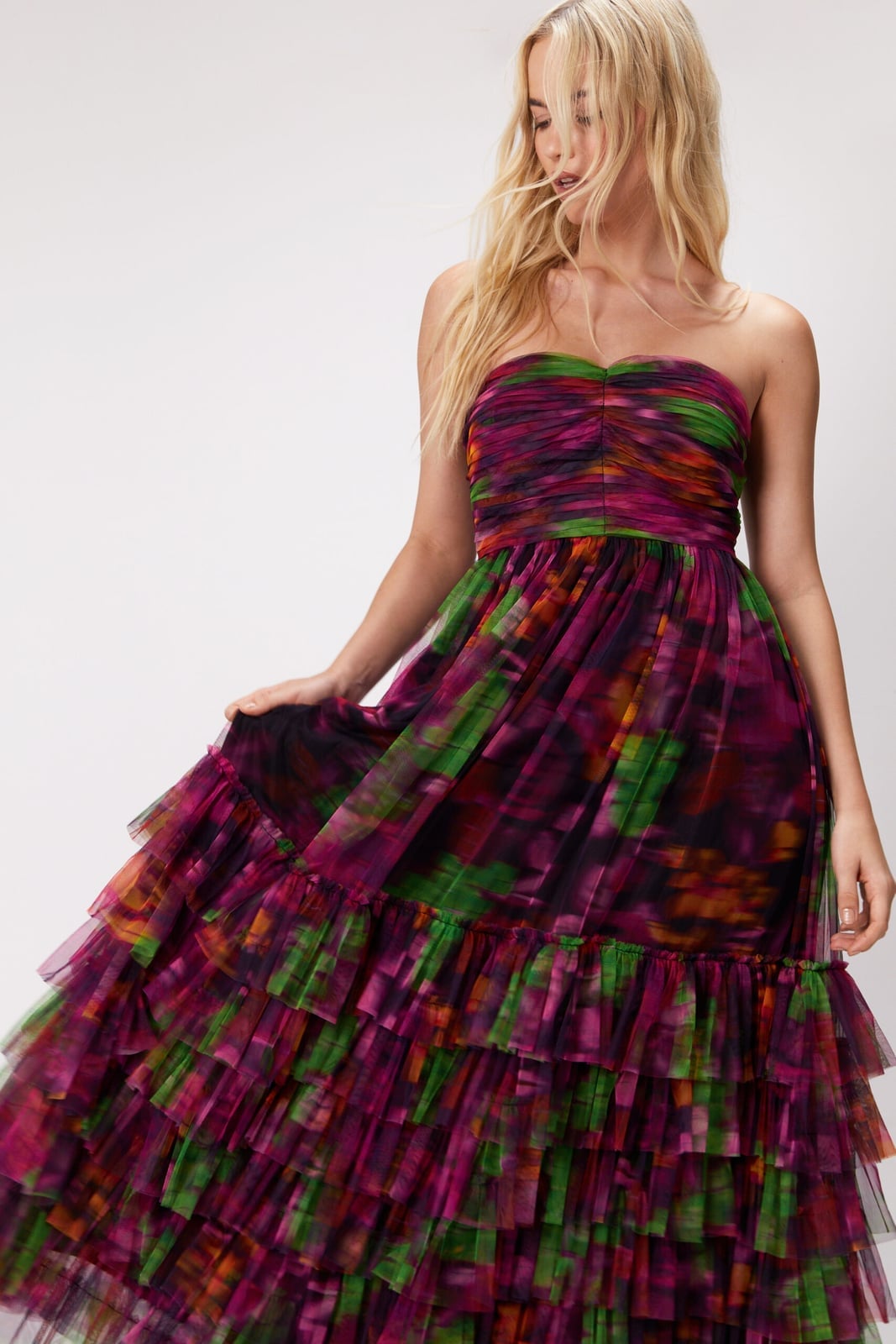 Purple abstract print strapless ruffled dress — Dress for Wedding Guest