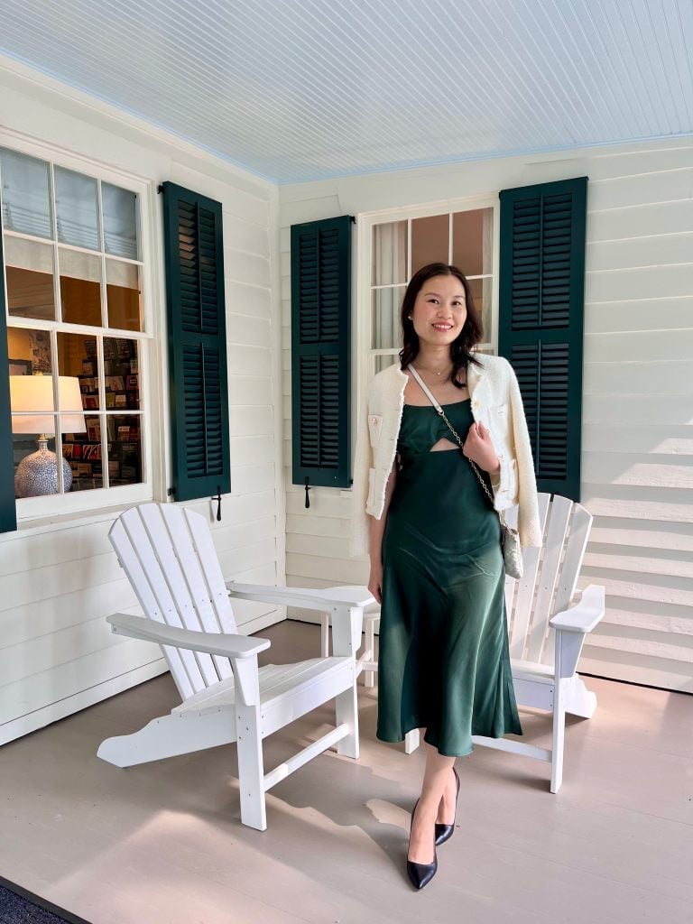 Emerald green satin midi slip dress with cut-out — Dress for Wedding Guest