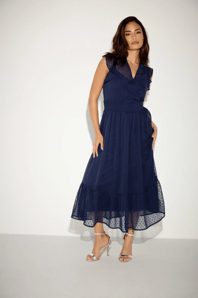 Navy blue polka dot midi wrap dress — Dress for Wedding Guest