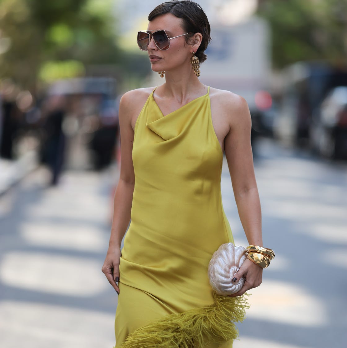 Yellow satin slip dress with feather trim — Dress for Wedding Guest