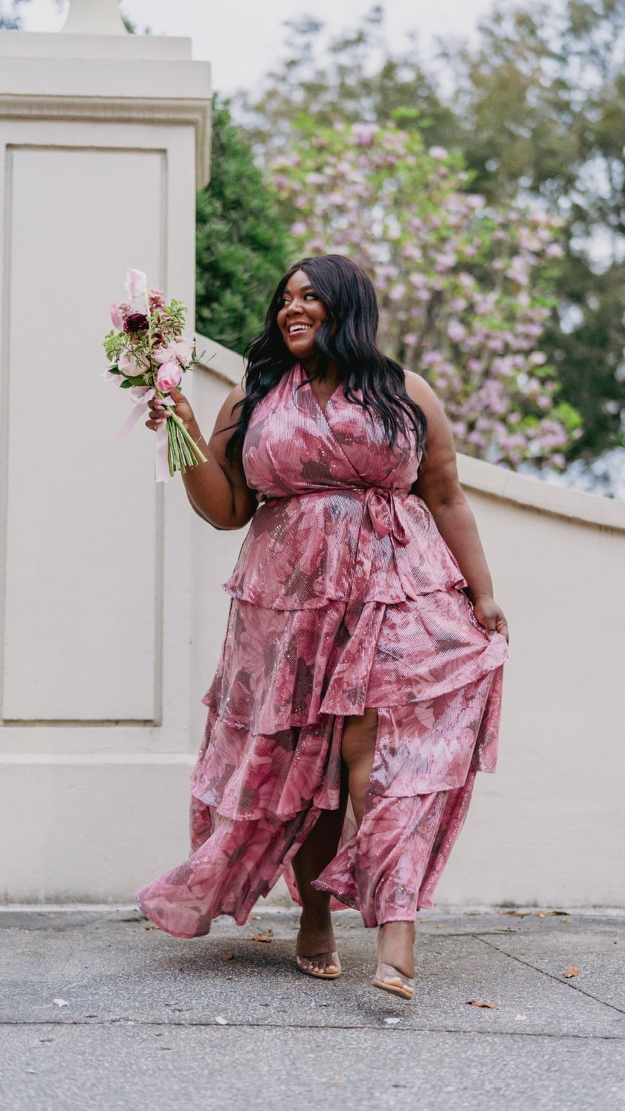 Pink high-low maxi dress with tiered ruffles — Dress for Wedding Guest