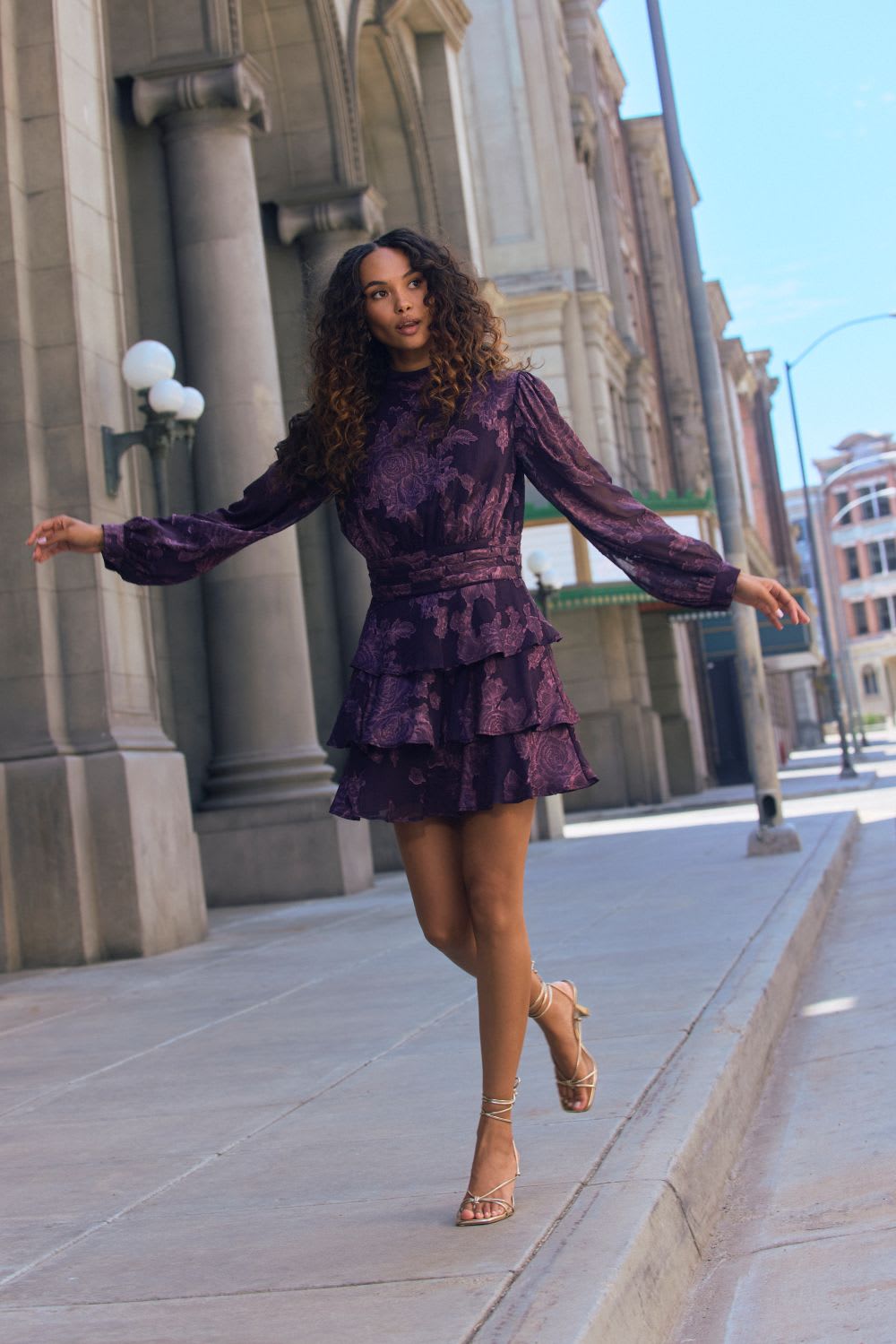 Purple floral print tiered mini dress — Dress for Wedding Guest