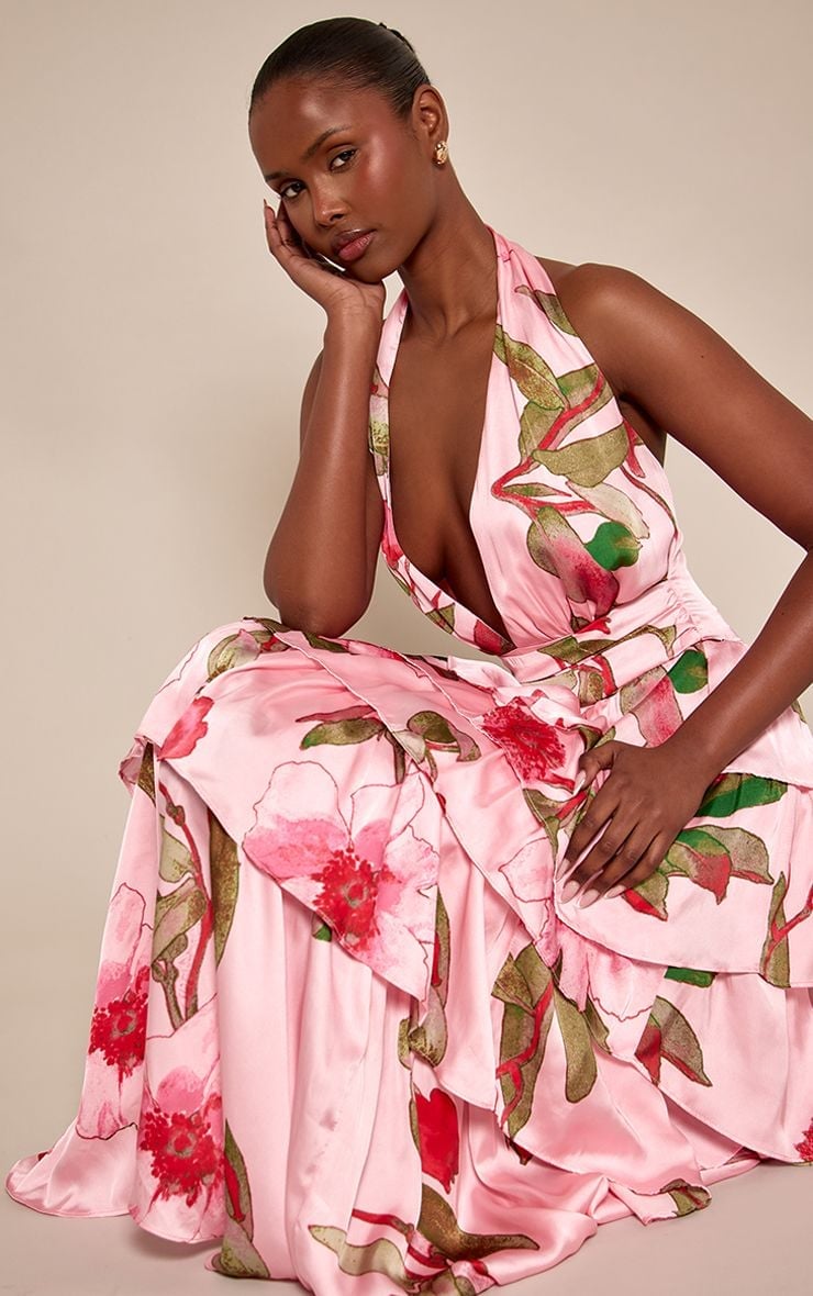 Pink and red floral print satin maxi dress — Dress for Wedding Guest