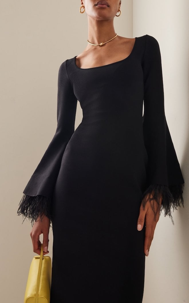 Black knitted dress with feather cuffs — Dress for Wedding Guest