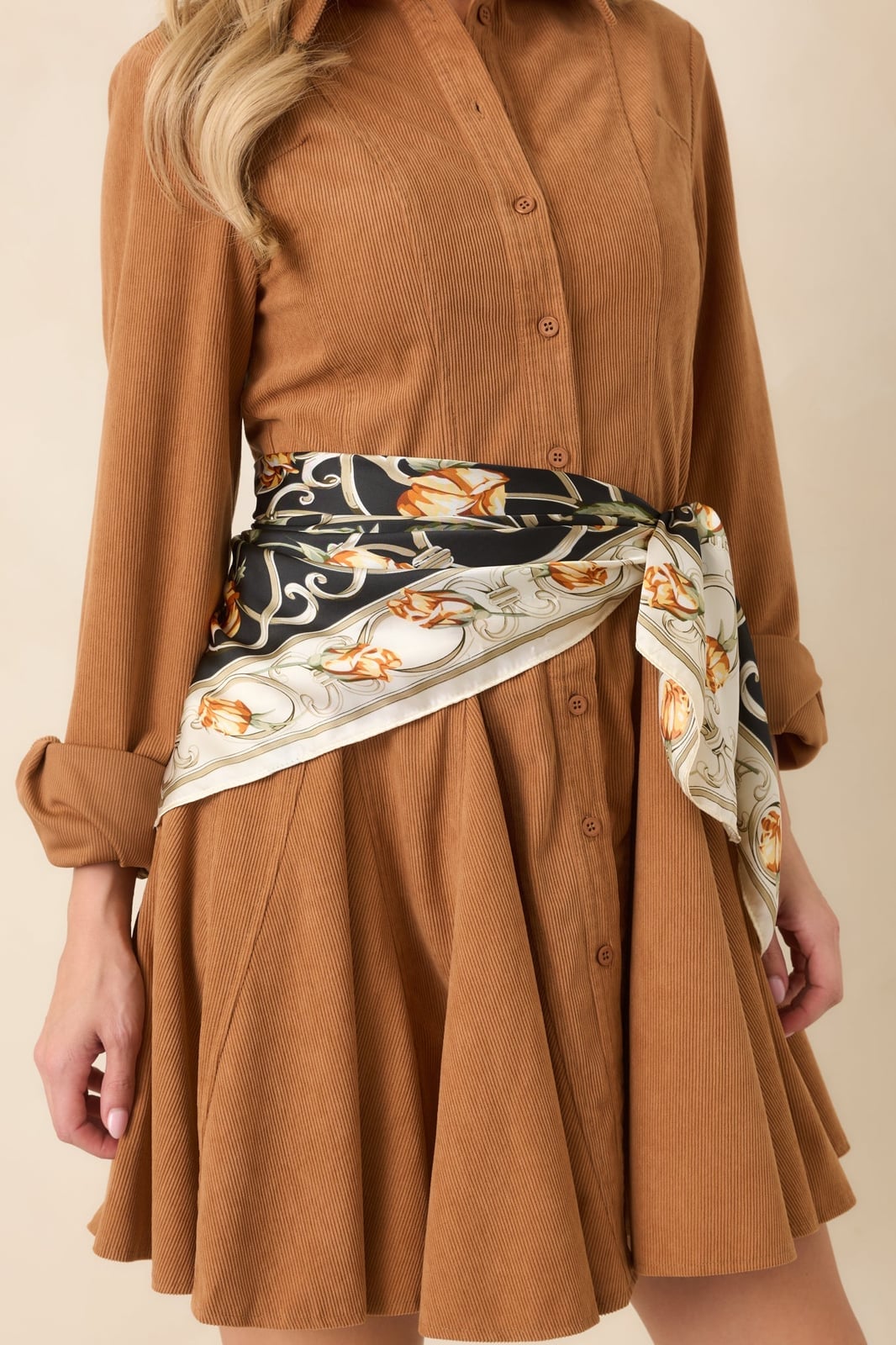 Brown Corduroy Shirt Dress With Silk Scarf Belt — Dress with Scarf