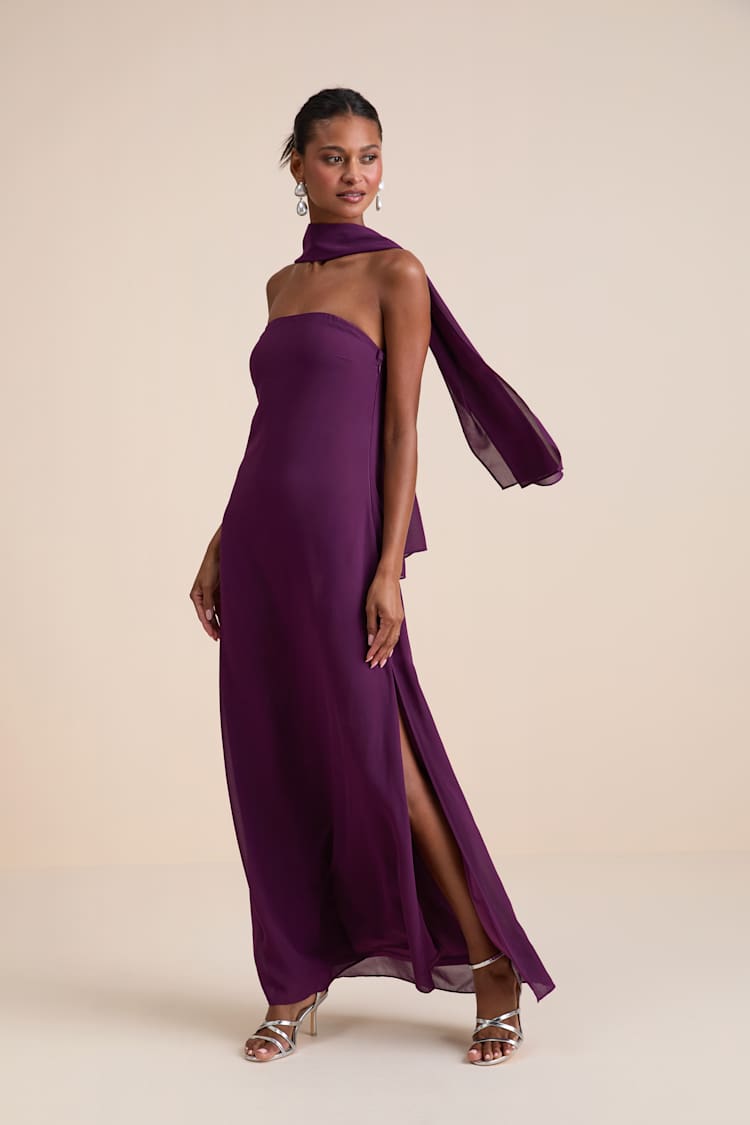 Deep Purple Strapless Maxi Dress With Long Scarf — Dress with Scarf