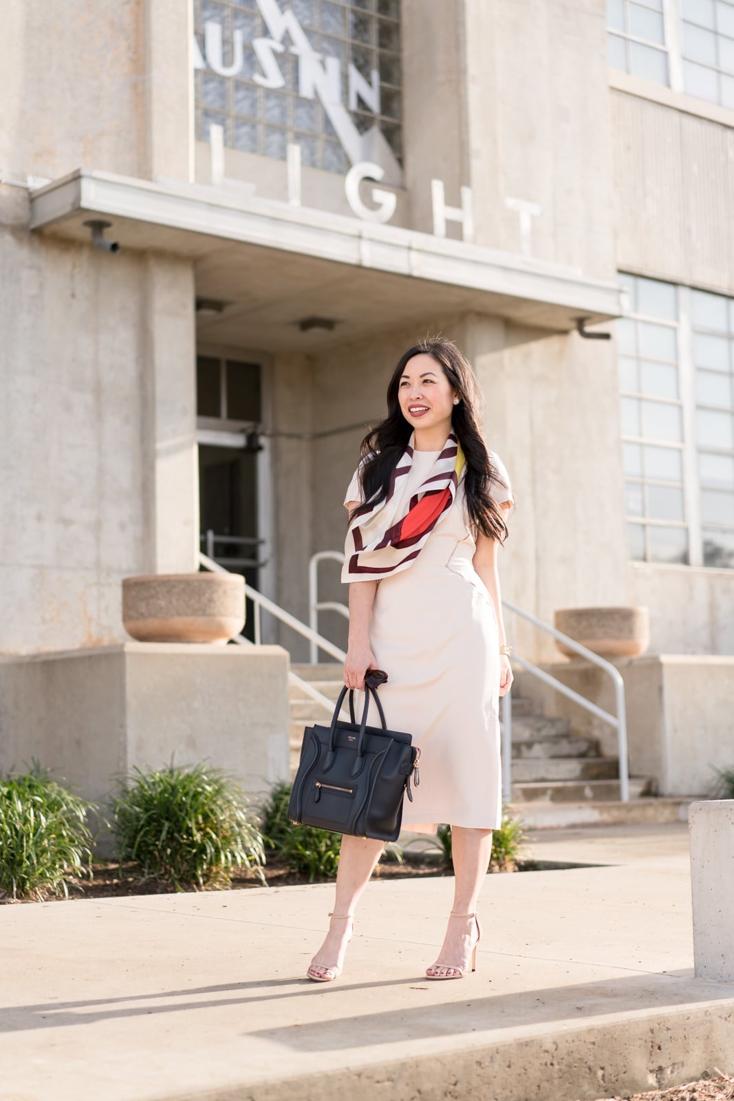 Cream Sheath Dress With Draped Silk Scarf, Strappy Heeled Sandals — Dress with Scarf