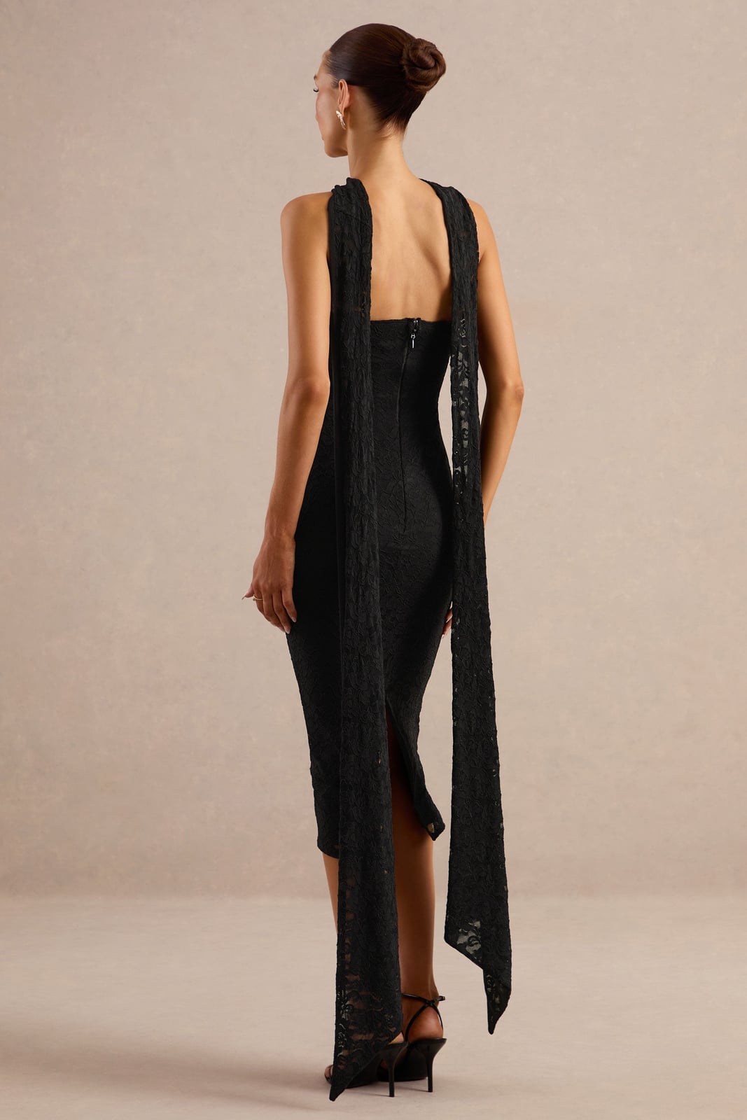 Black Lace Dress With Long Scarf Panels, High Heels — Dress with Scarf