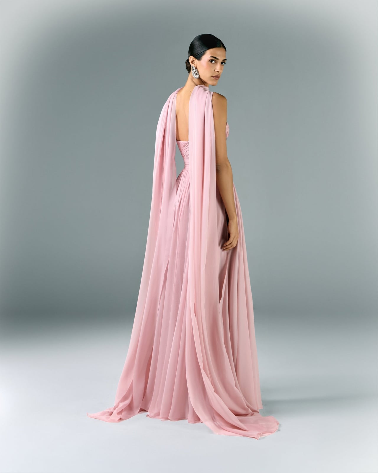 Pale Pink Chiffon Dress With Cape-Like Sleeves — Dress with Scarf