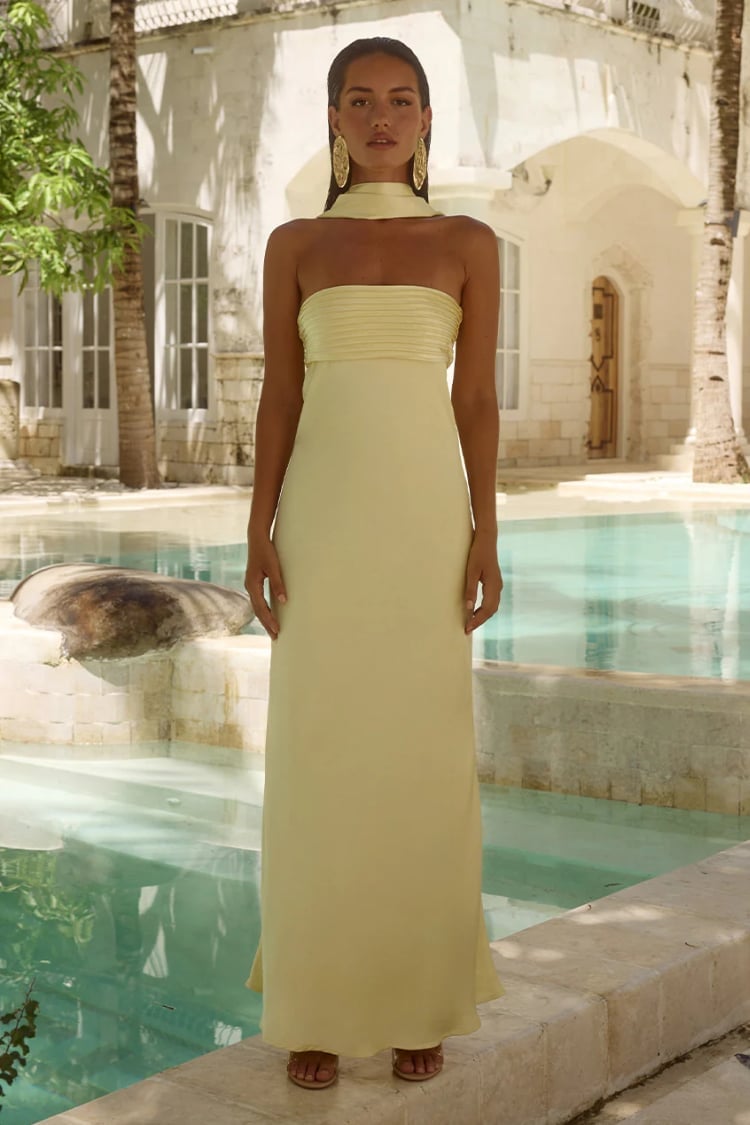 Pale Yellow Strapless Maxi Dress With Pleated Bodice, Close-Up Take — Dress with Scarf