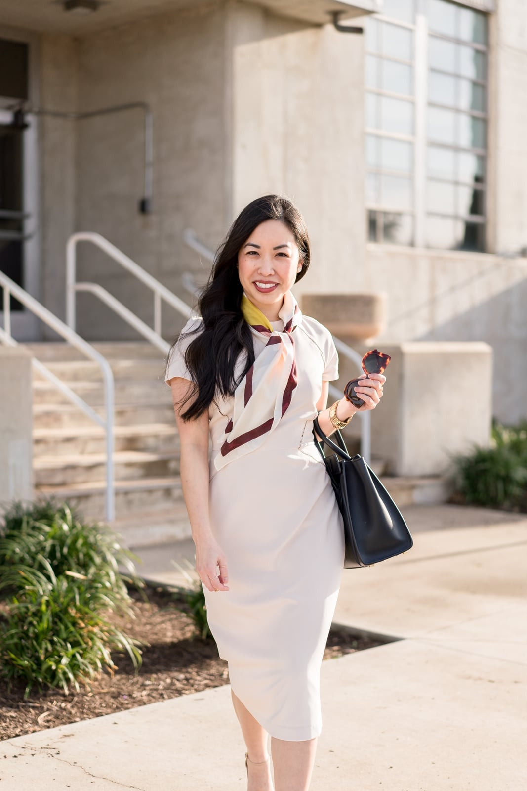 Beige Sheath Dress With Printed Silk Scarf — Dress with Scarf