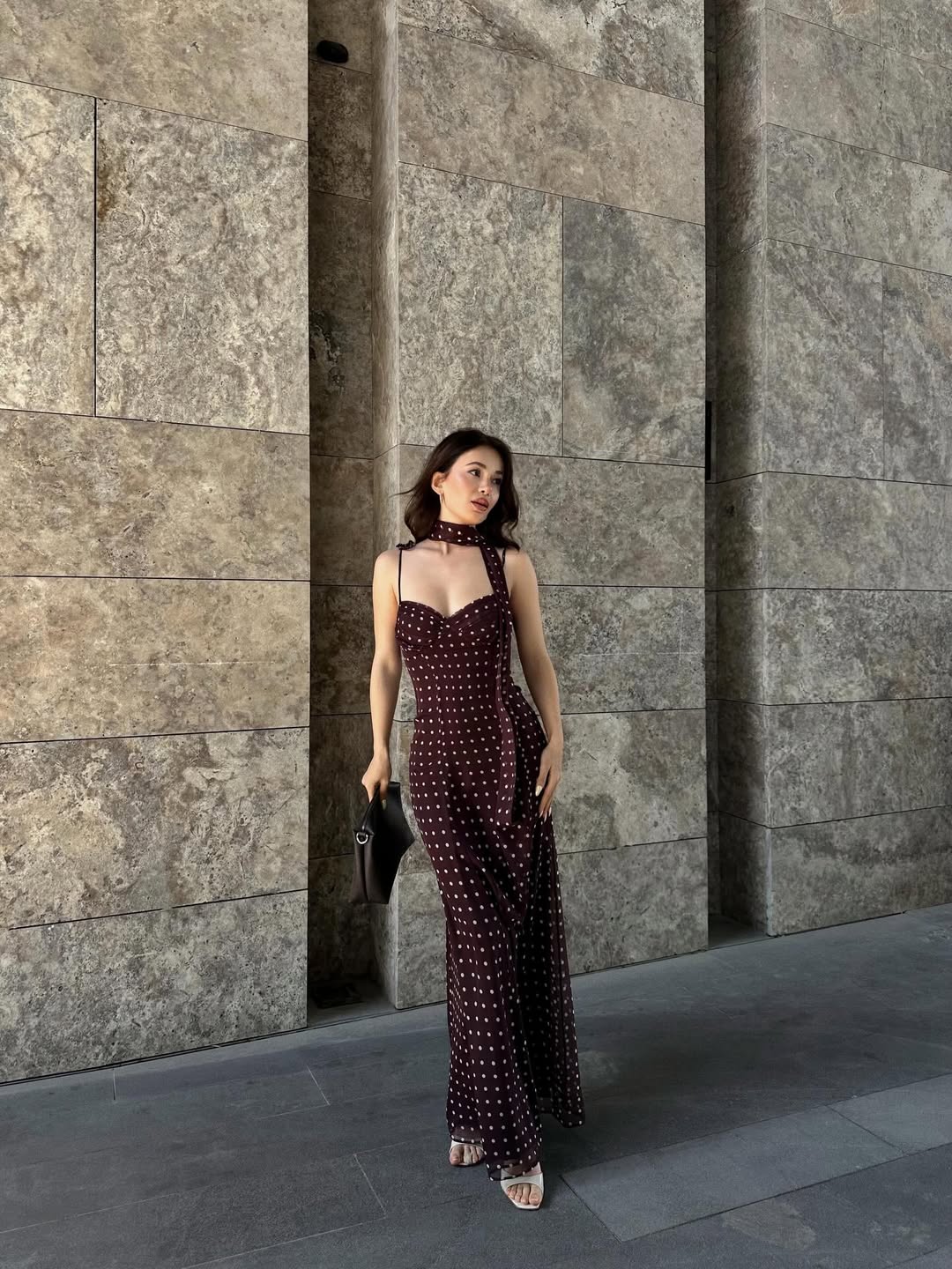 Burgundy Polka Dot Spaghetti Strap Dress With Neck Scarf — Dress with Scarf