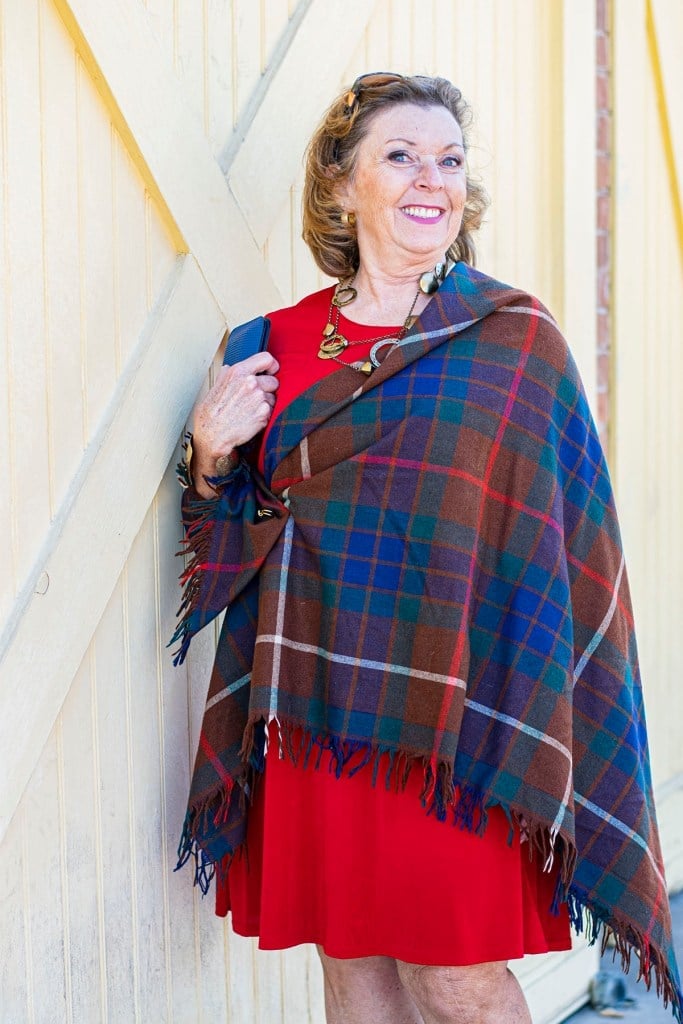 Red A-Line Dress With Fringed Plaid Scarf — Dress with Scarf