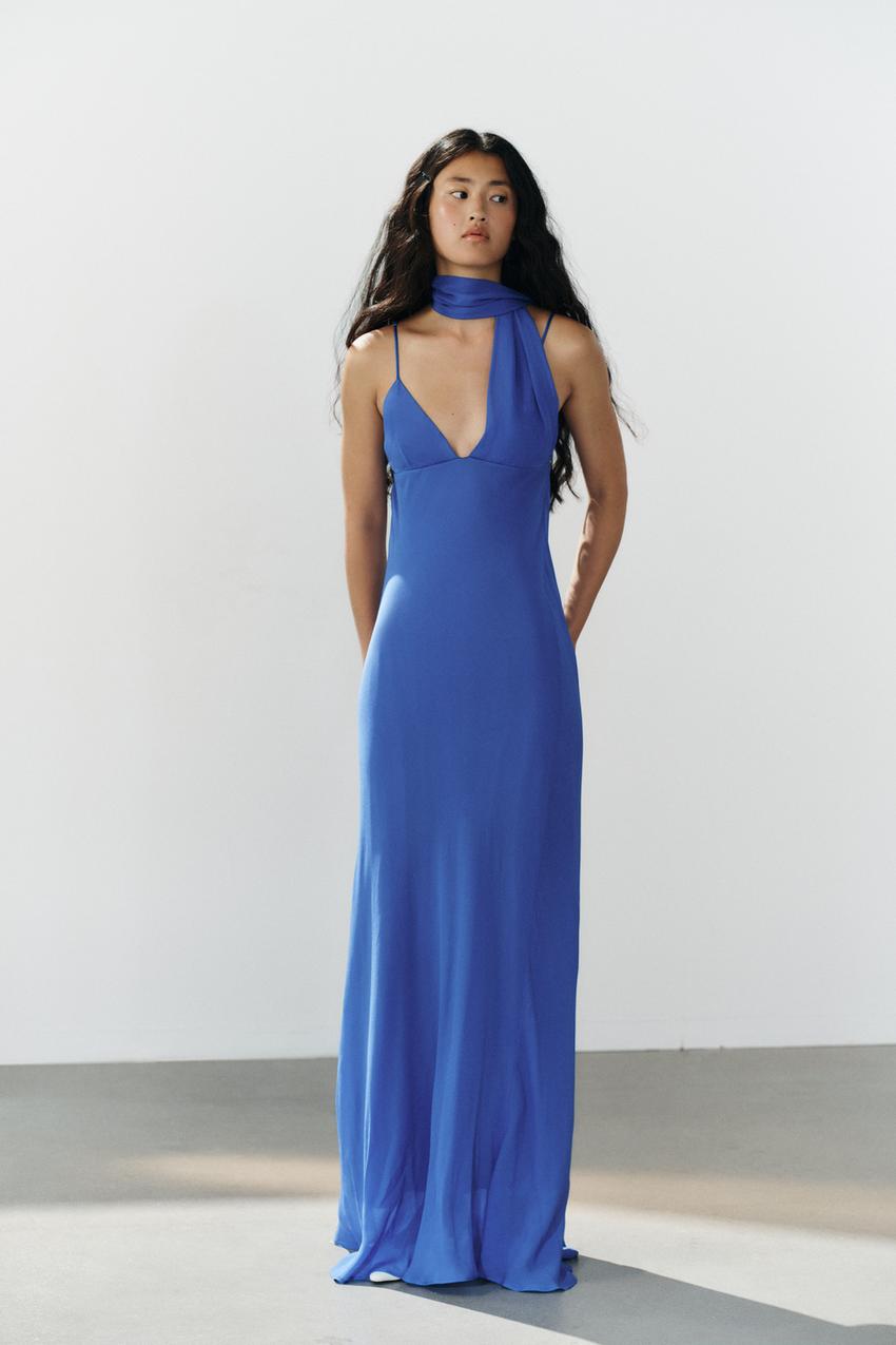 Royal Blue Slip Dress With Draped Scarf Detail — Dress with Scarf