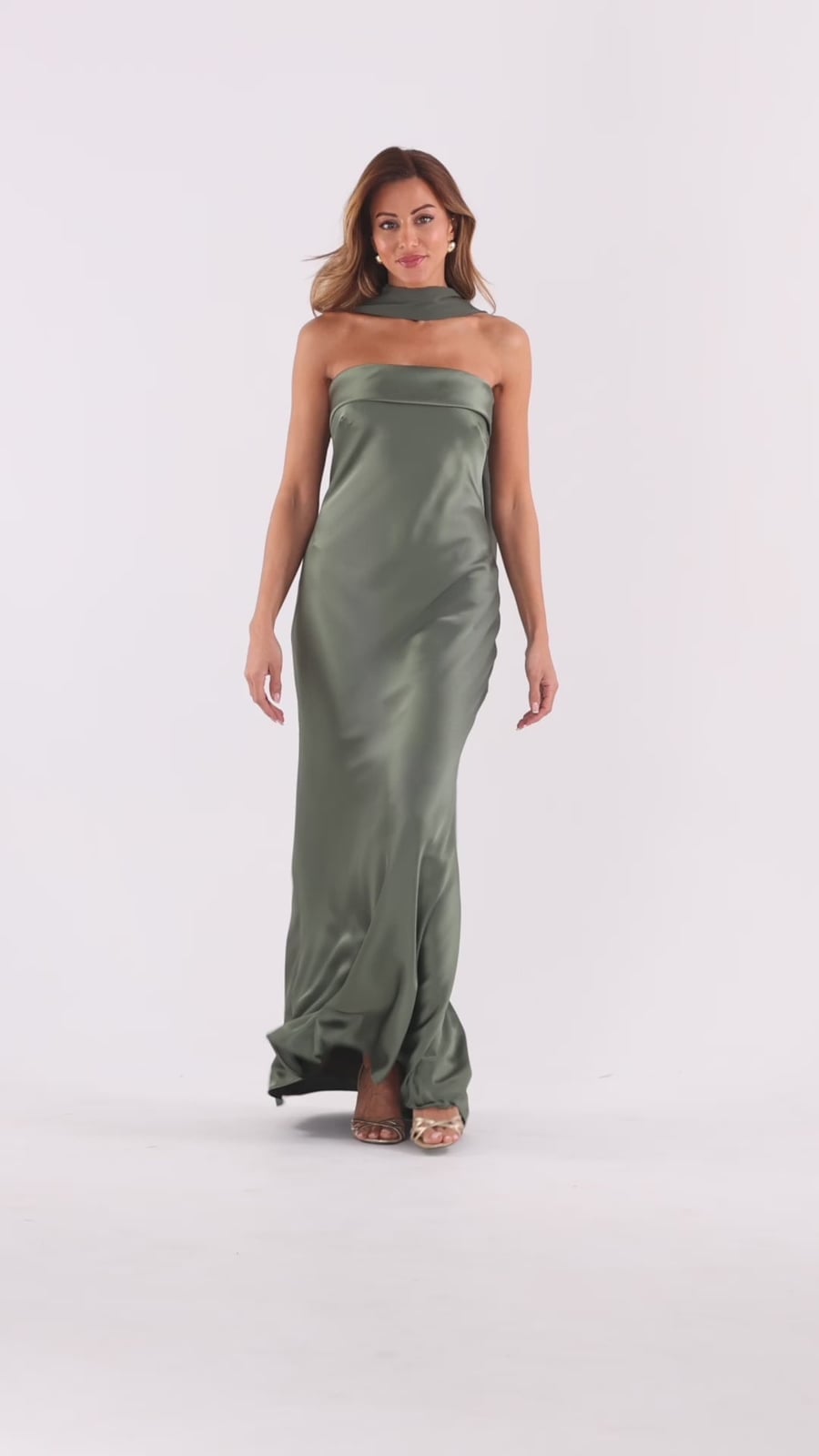 Sage Green Satin Dress With Integrated Scarf Collar — Dress with Scarf