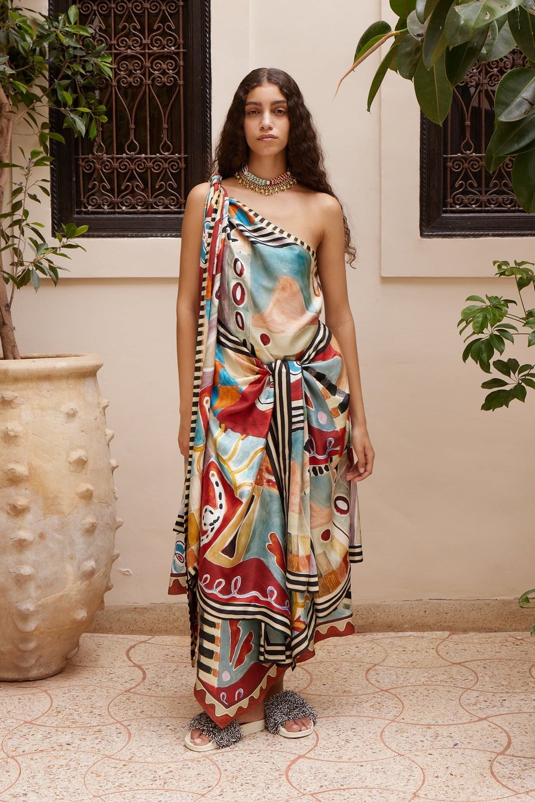 Printed Midi Dress With Integrated Scarf Detail — Dress with Scarf