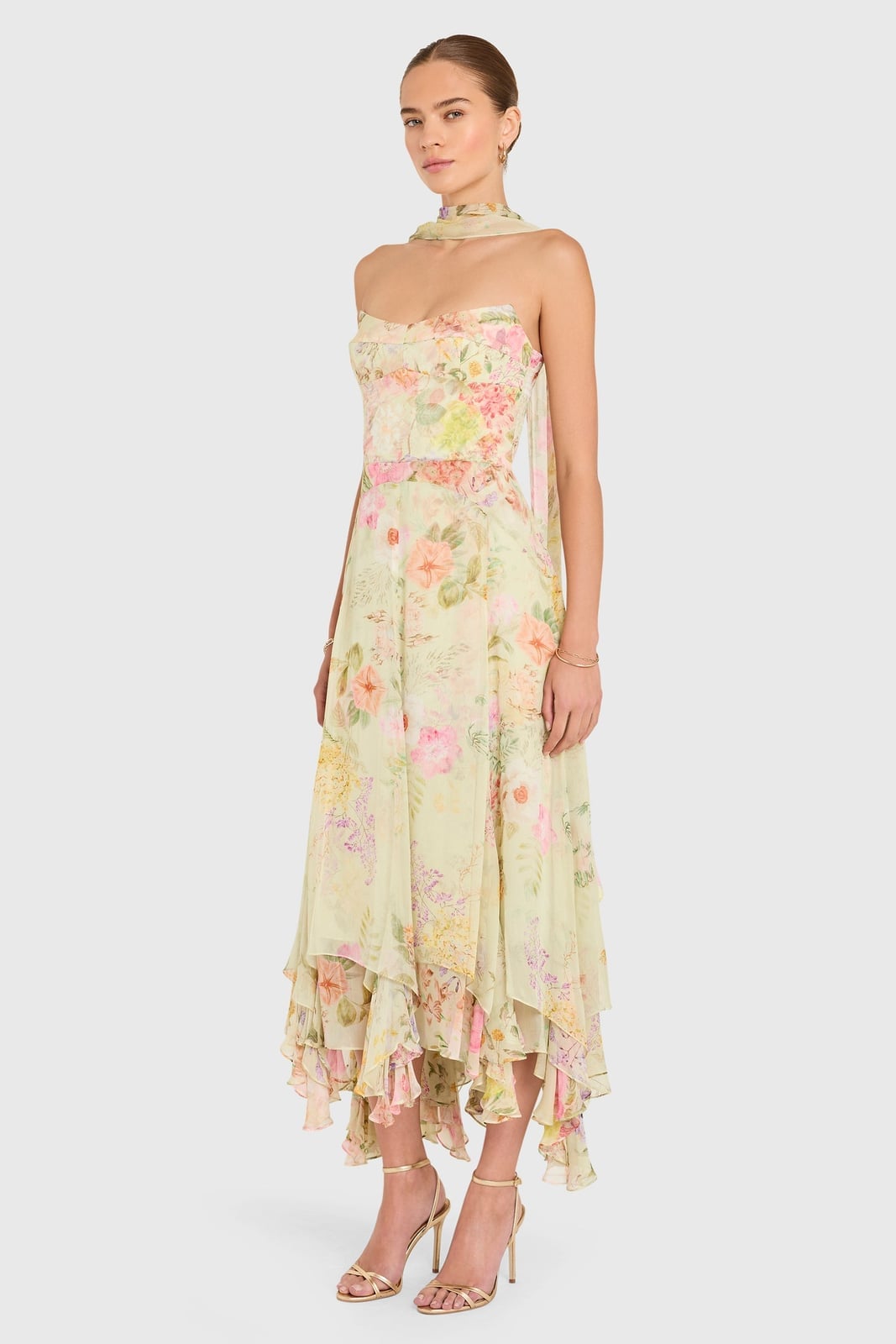 Pale Yellow Floral Midi Dress With Neck Scarf — Dress with Scarf